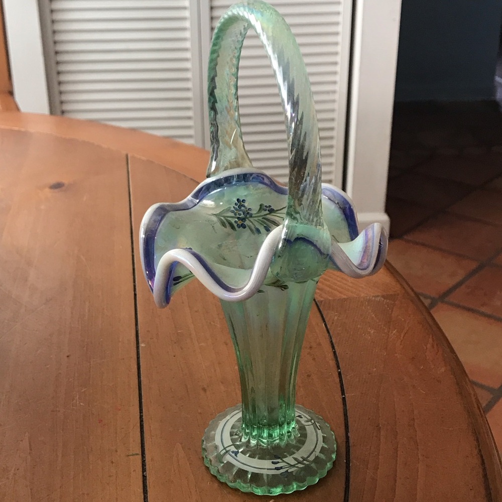 Fenton Art Glass Basket with Green and Blue Hues. FENTON